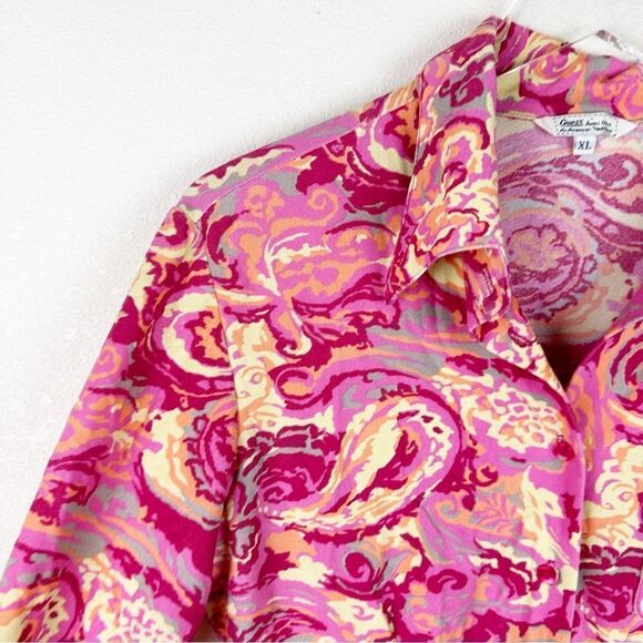 Guess Pink Floral Vintage 70s Button Down Blouse Long Sleeve Disco XL - Picture 7 of 9